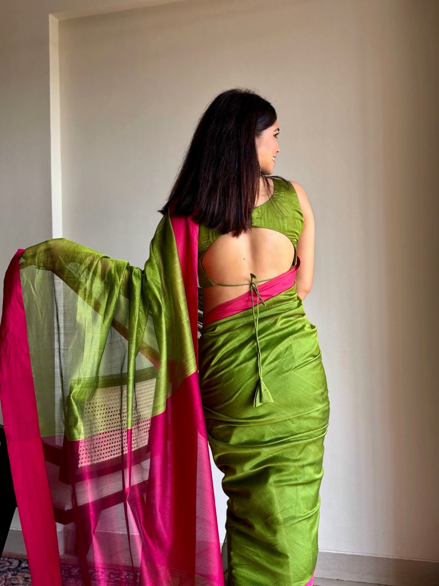 Olive green and pink maheshwari saree