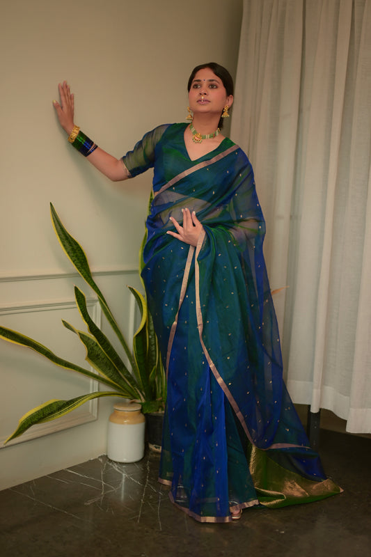 Peacock blue and green dual tone Chanderi organza silk saree with zari bootis all over