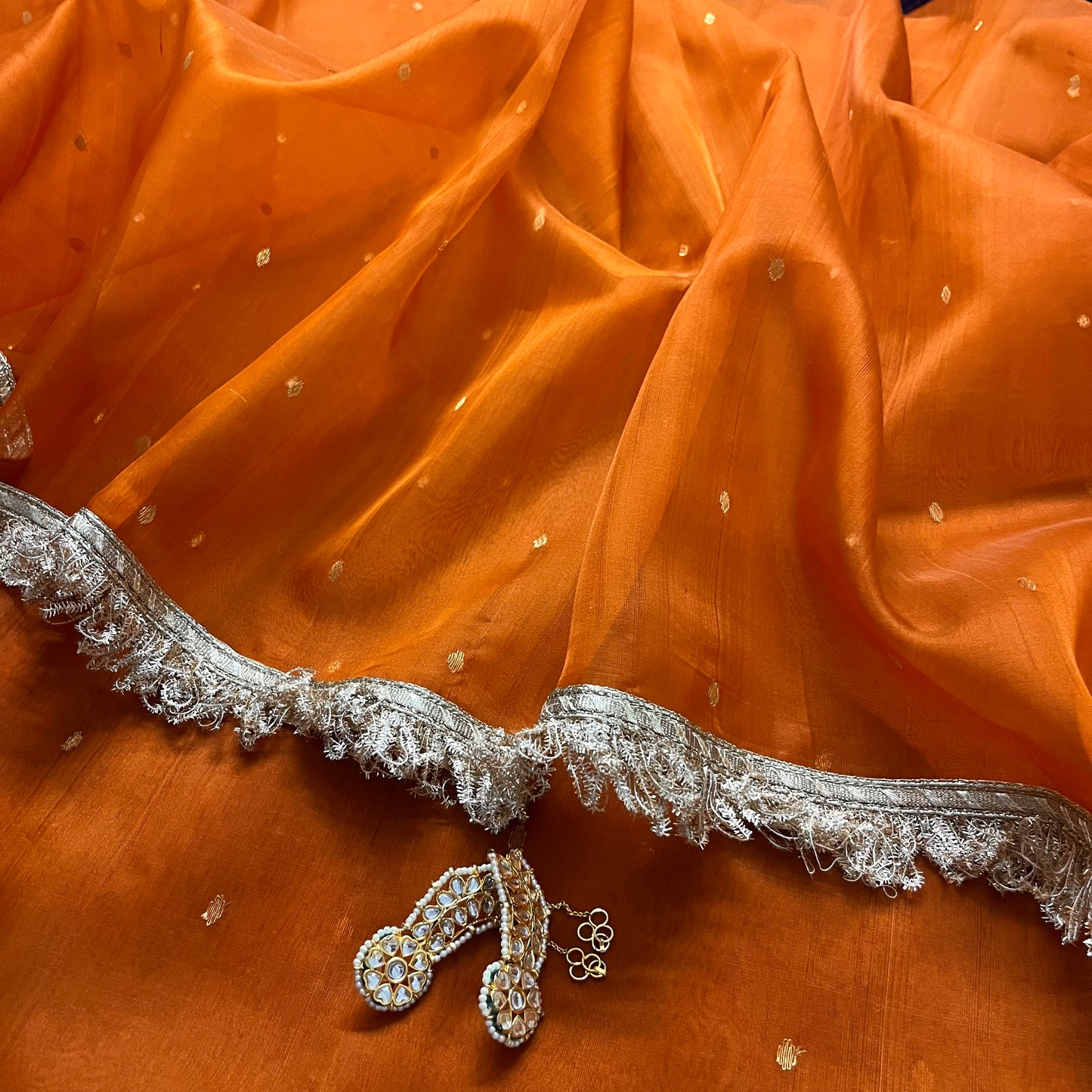 Burnt Orange Chanderi silk saree with zari bootis all over