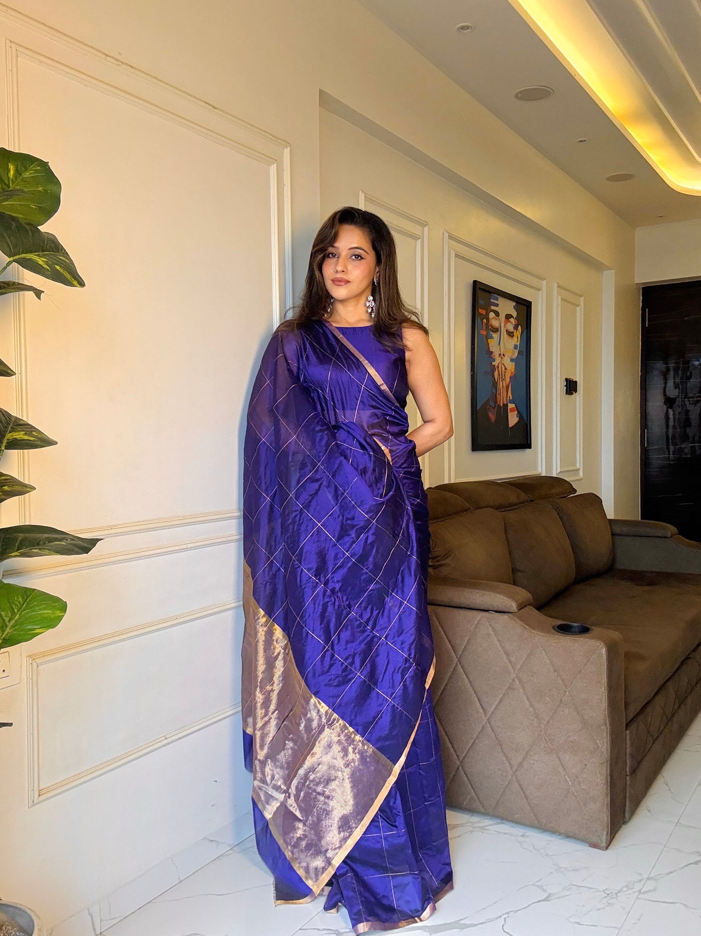 Dark purple chanderi silk saree with zari checks all over