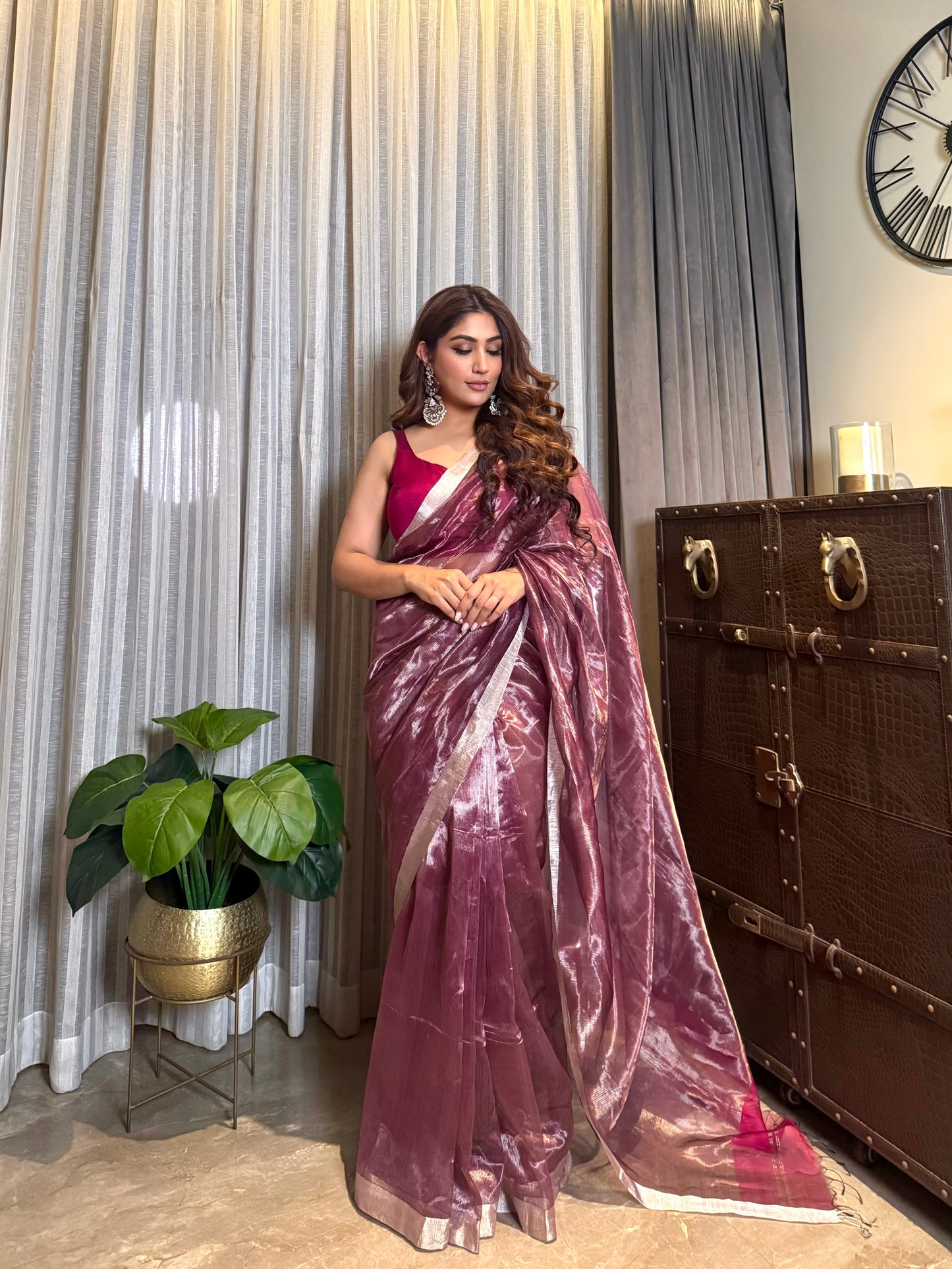 Wine Maheshwari saree with zari lines all over