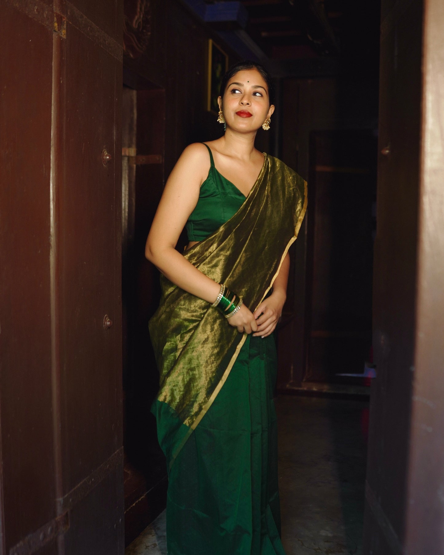 Dark Green & Gold Maheshwari Saree with Zari Border