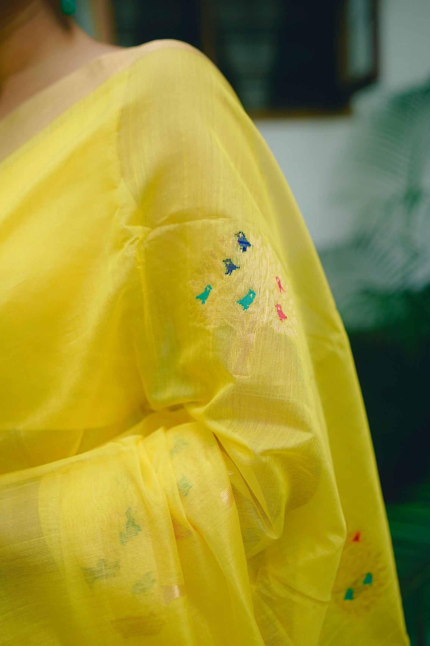 Yellow Chanderi saree with birds on tree motifs all over