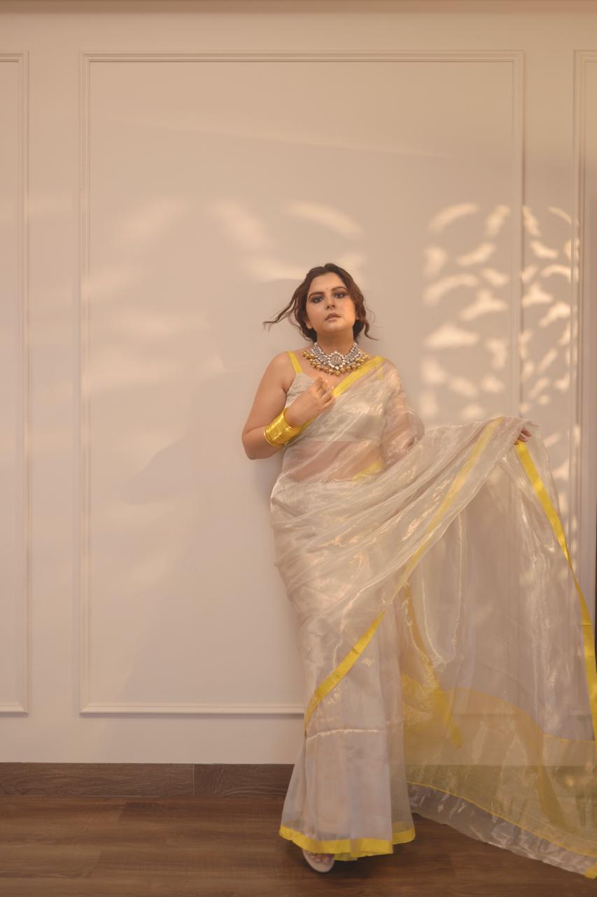 Silver white and lemon chanderi tissue silk saree