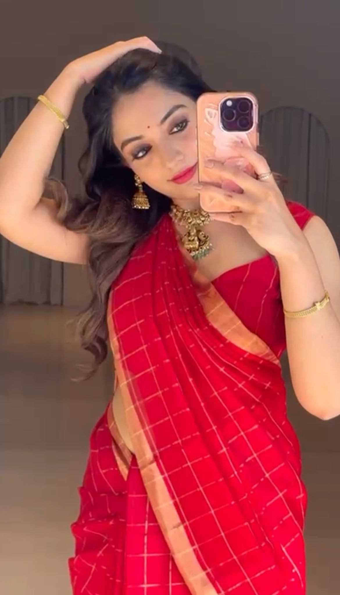 Red maheshwari saree with zari checks all over