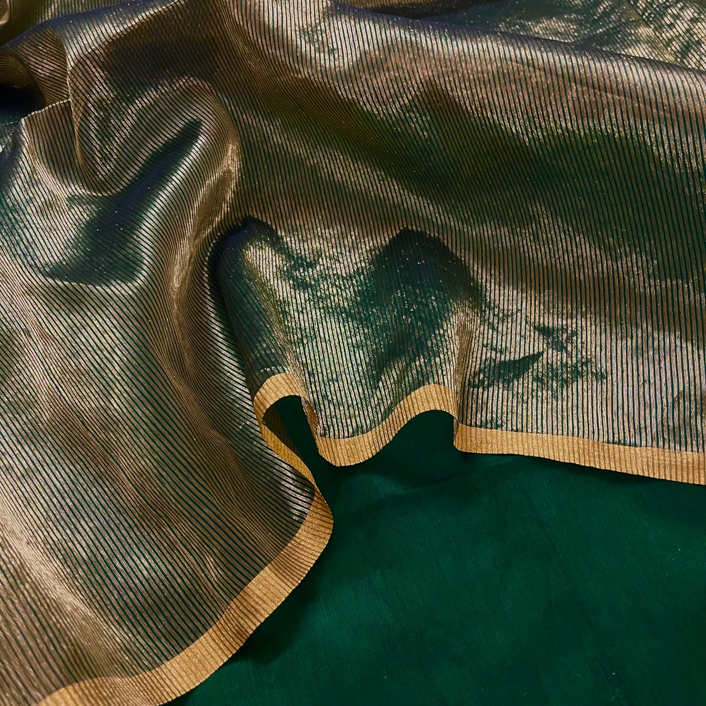 Dark Green & Gold Maheshwari Saree with Zari Border