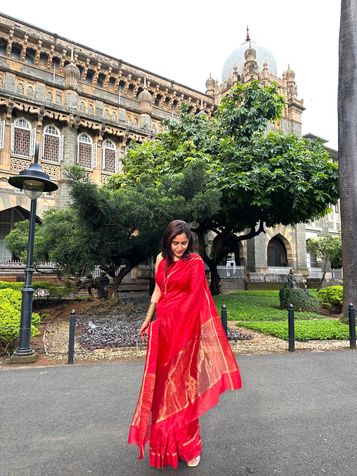Red Chanderi Silk Saree with Tissue Border