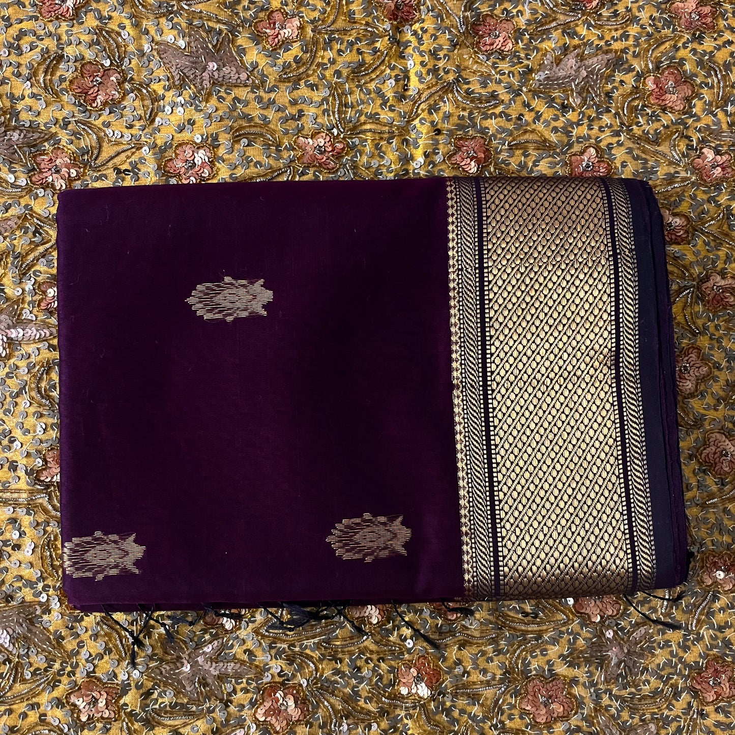 Deep wine Maheshwari saree with zari motifs all over