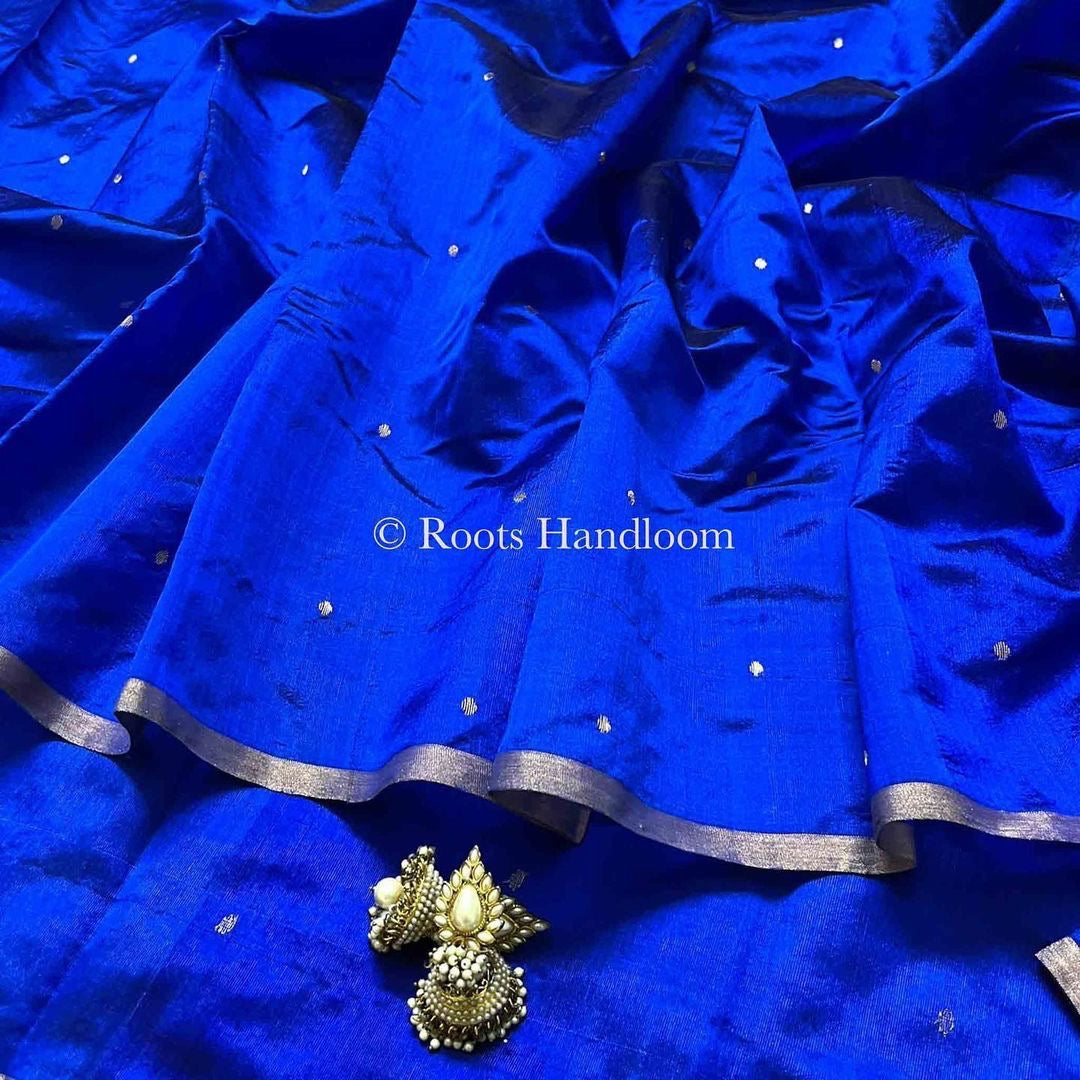 Royal blue chanderi silk saree with zari bootis all over
