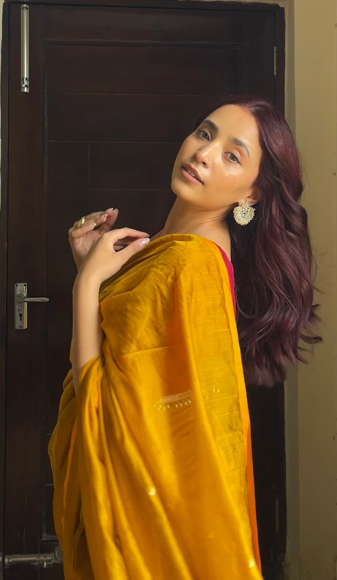 Gold mustard maheshwari saree with zari bootis all over