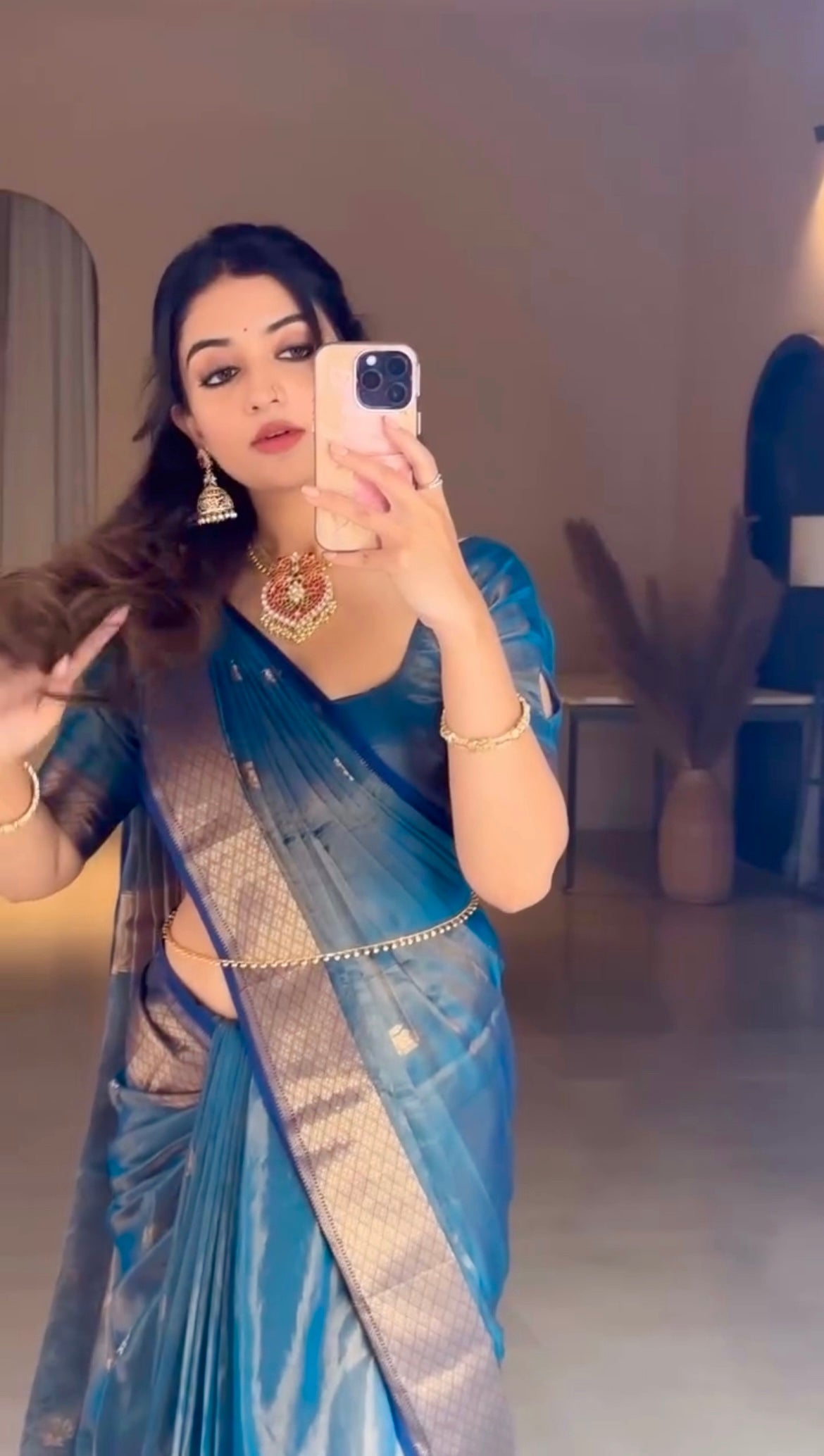 Peacock blue maheshwari tissue silk saree with flower motifs all over