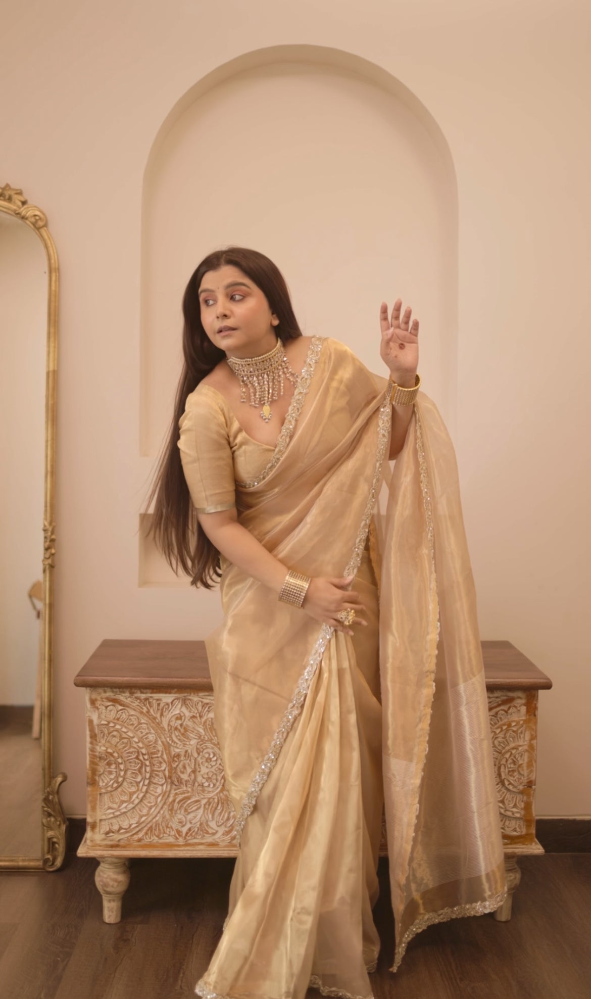 Molten gold chanderi tissue silk saree with intricate work border