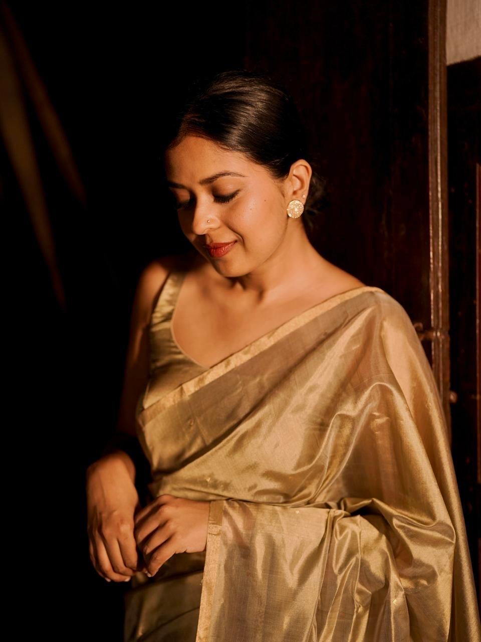 Antique gold chanderi silk saree with zari bootis all over