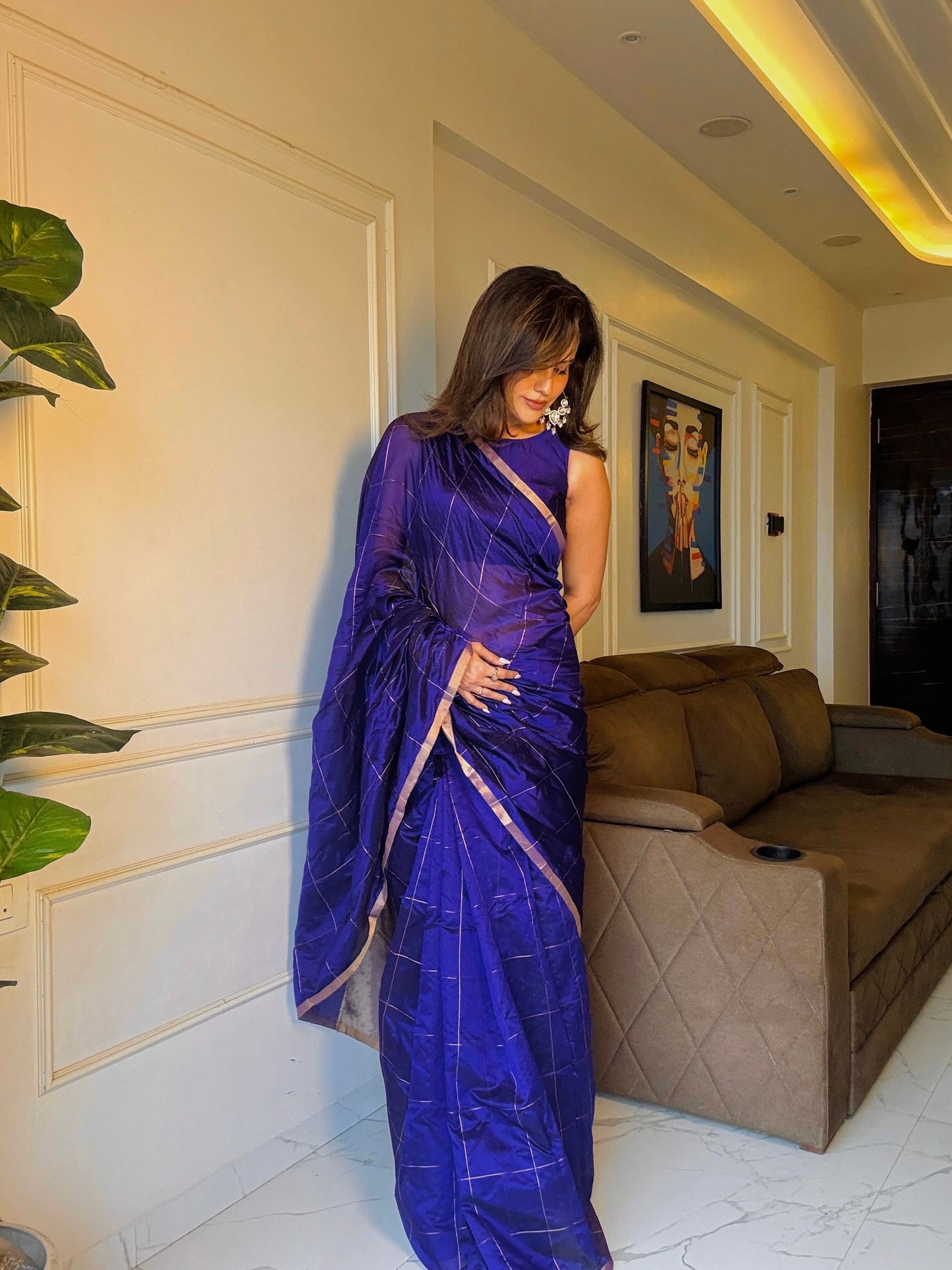 Dark purple chanderi silk saree with zari checks all over