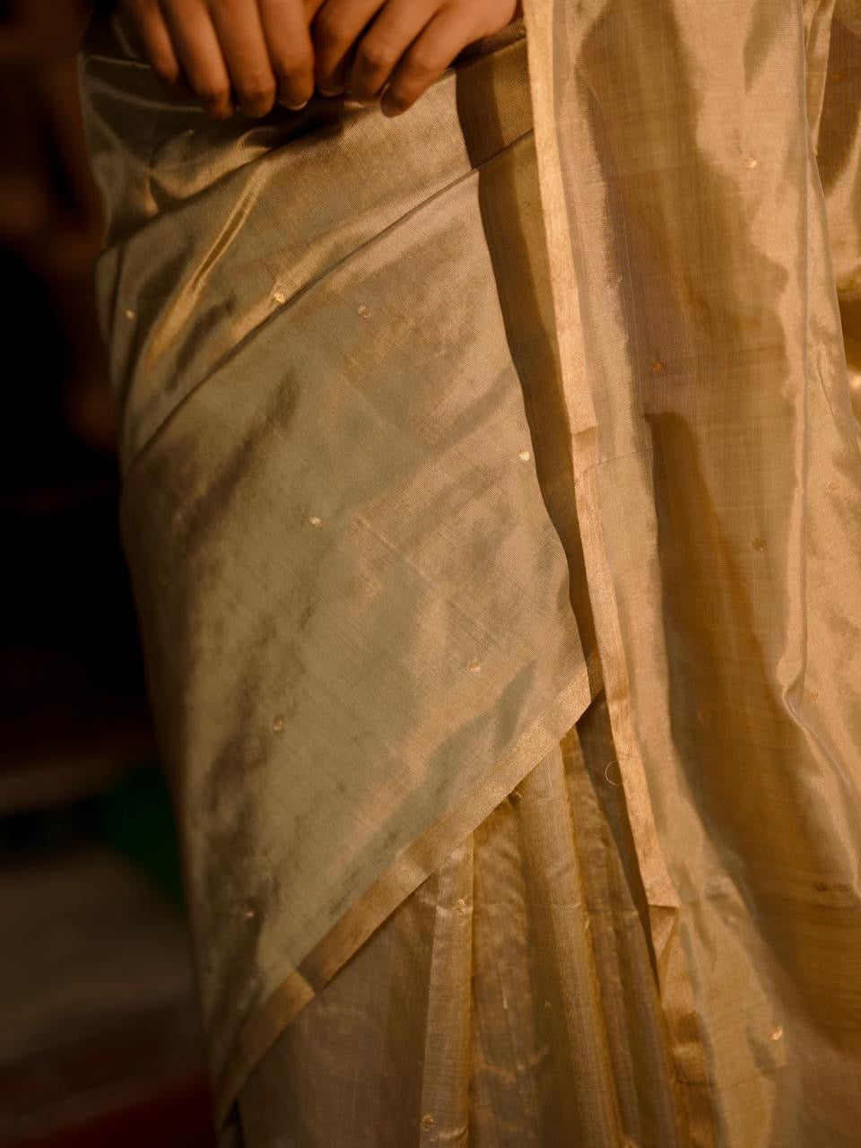 Antique gold chanderi silk saree with zari bootis all over