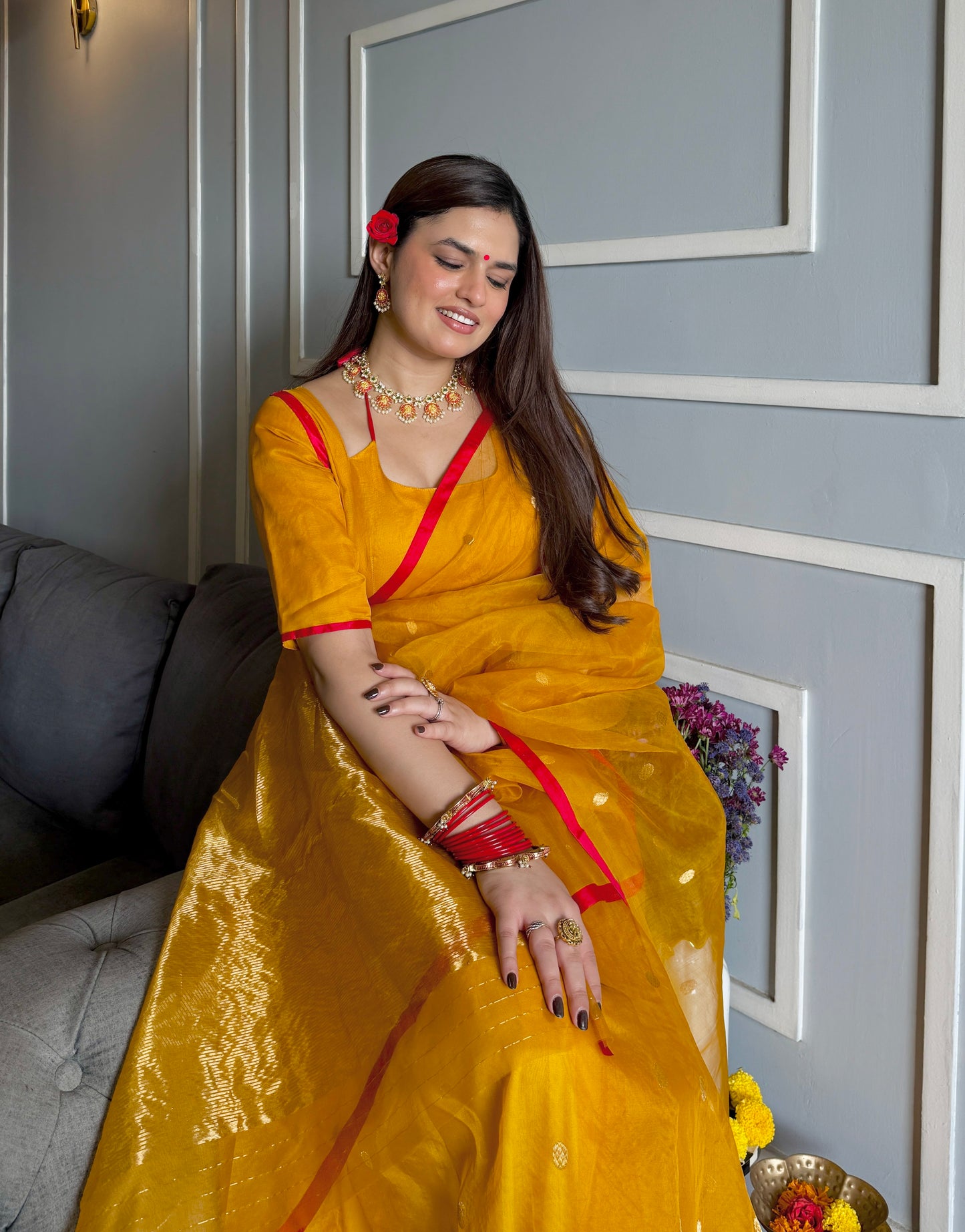Mustard red Chanderi silk saree with zari bootis all over