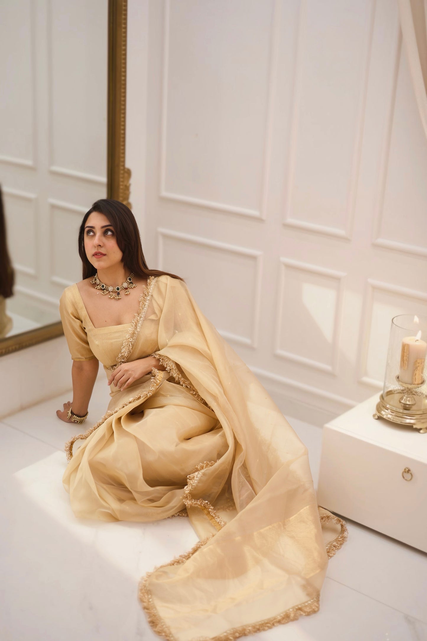 Beige gold Chanderi organza silk saree with zari bootis all over