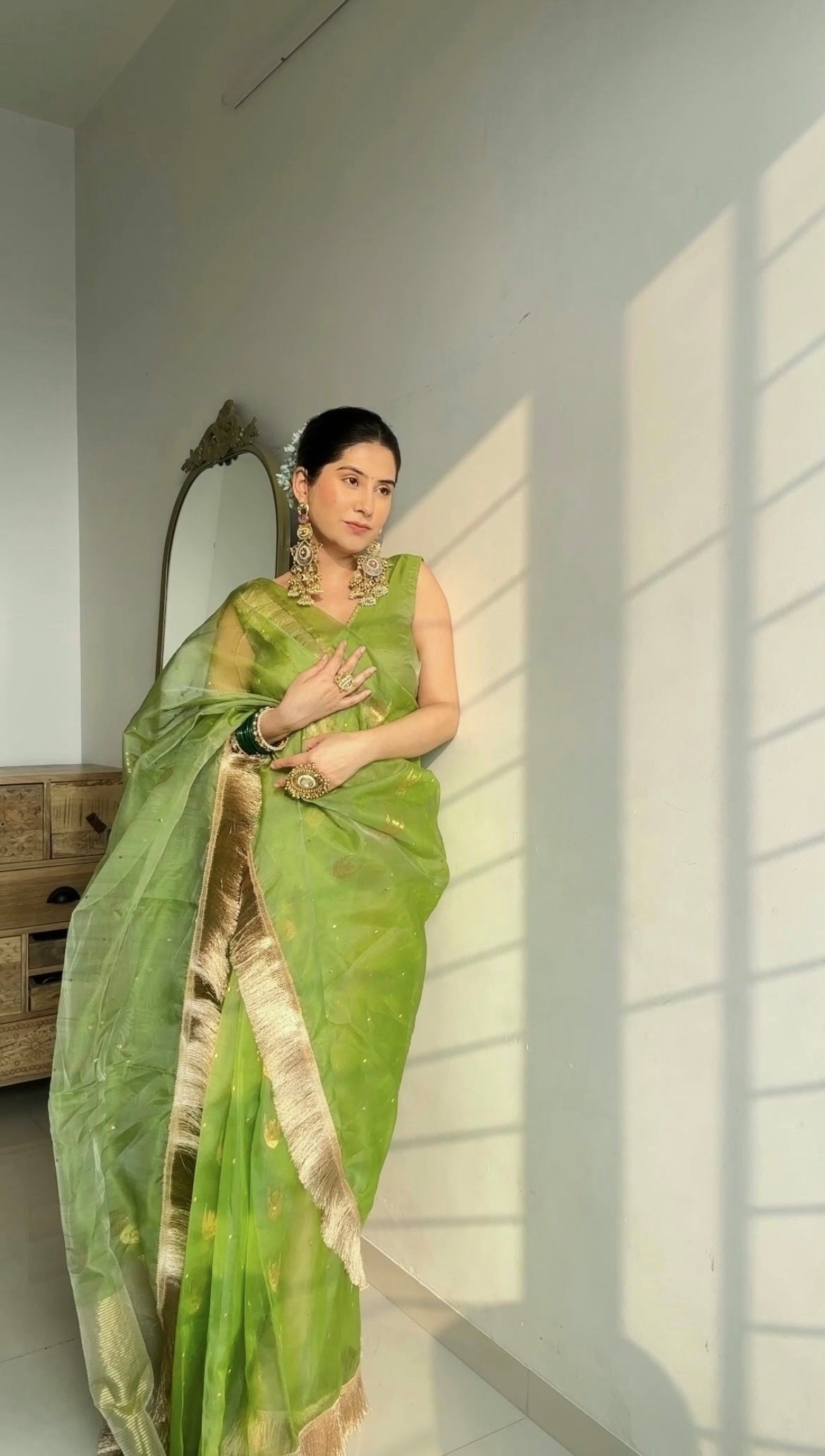 Tropical green chanderi silk saree with zari bootis and chaand bootis all over
