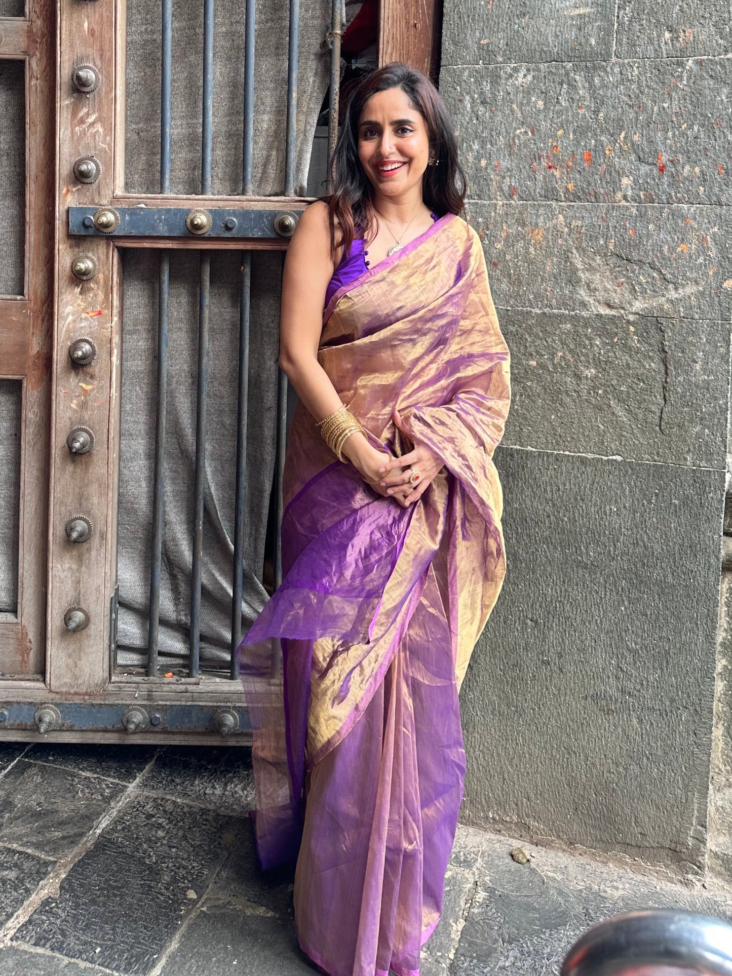 Purple & Gold Chanderi Tissue Silk Saree