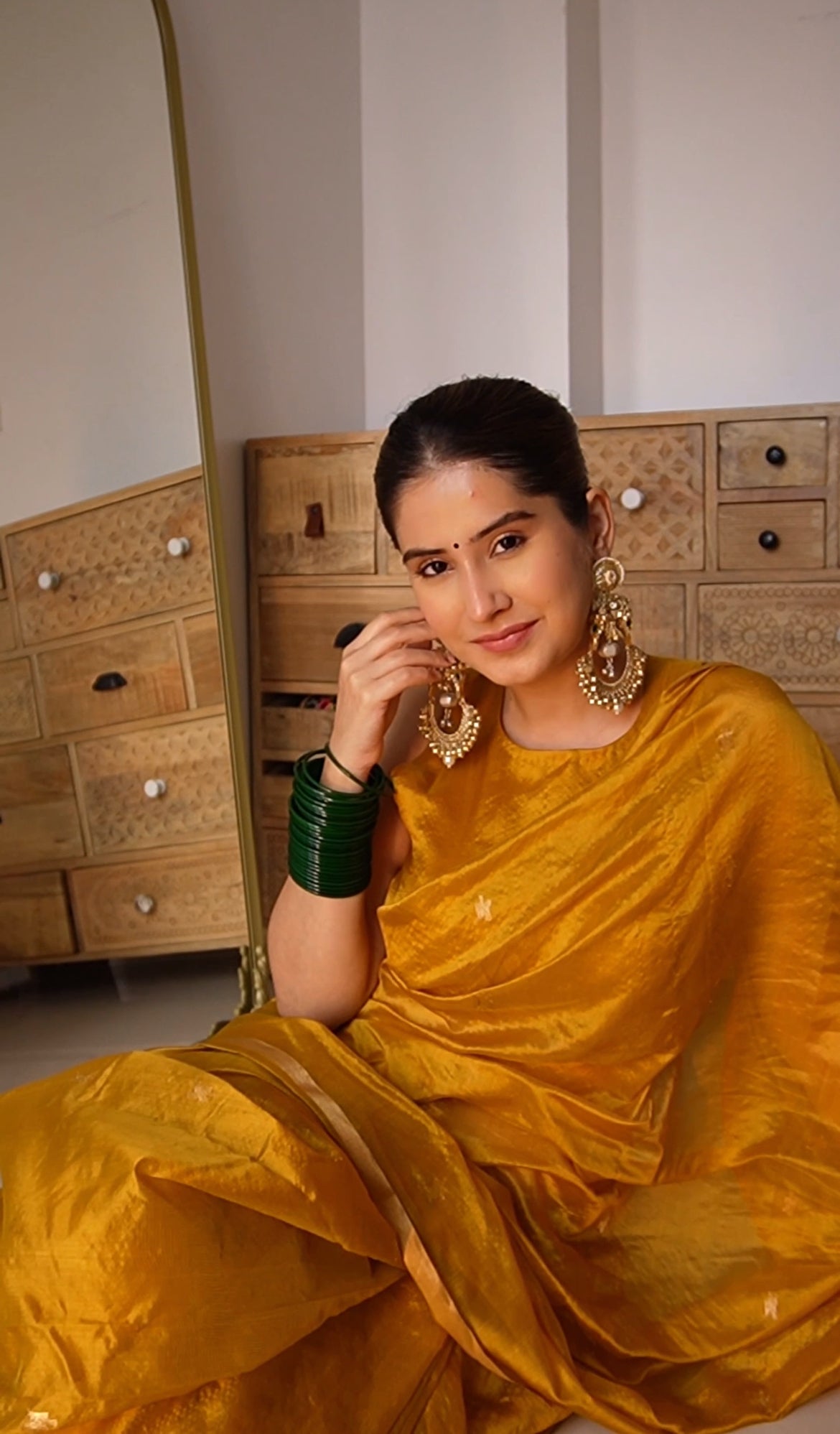 Mustard gold chanderi silk saree with flower bootis all over
