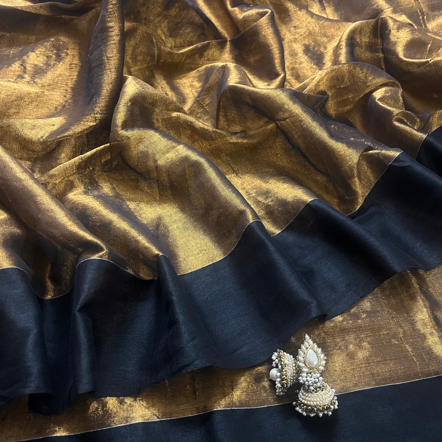 Gold and black linen saree