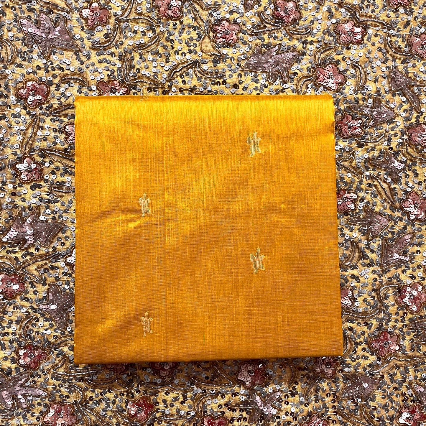 Mustard gold chanderi silk saree with flower bootis all over