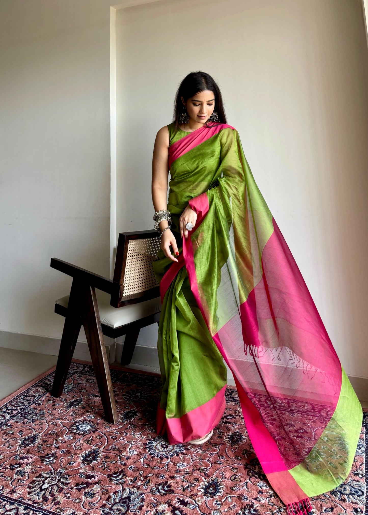 Olive green and pink maheshwari saree