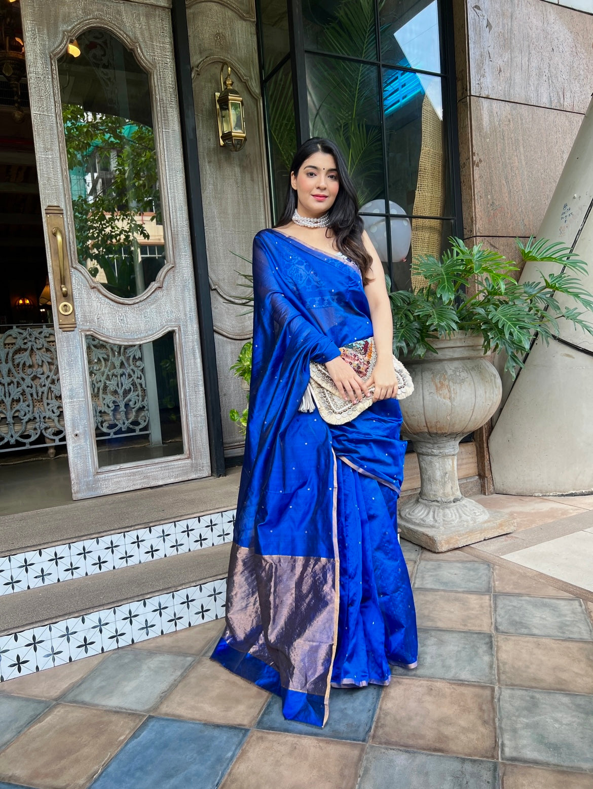 Royal blue chanderi silk saree with zari bootis all over