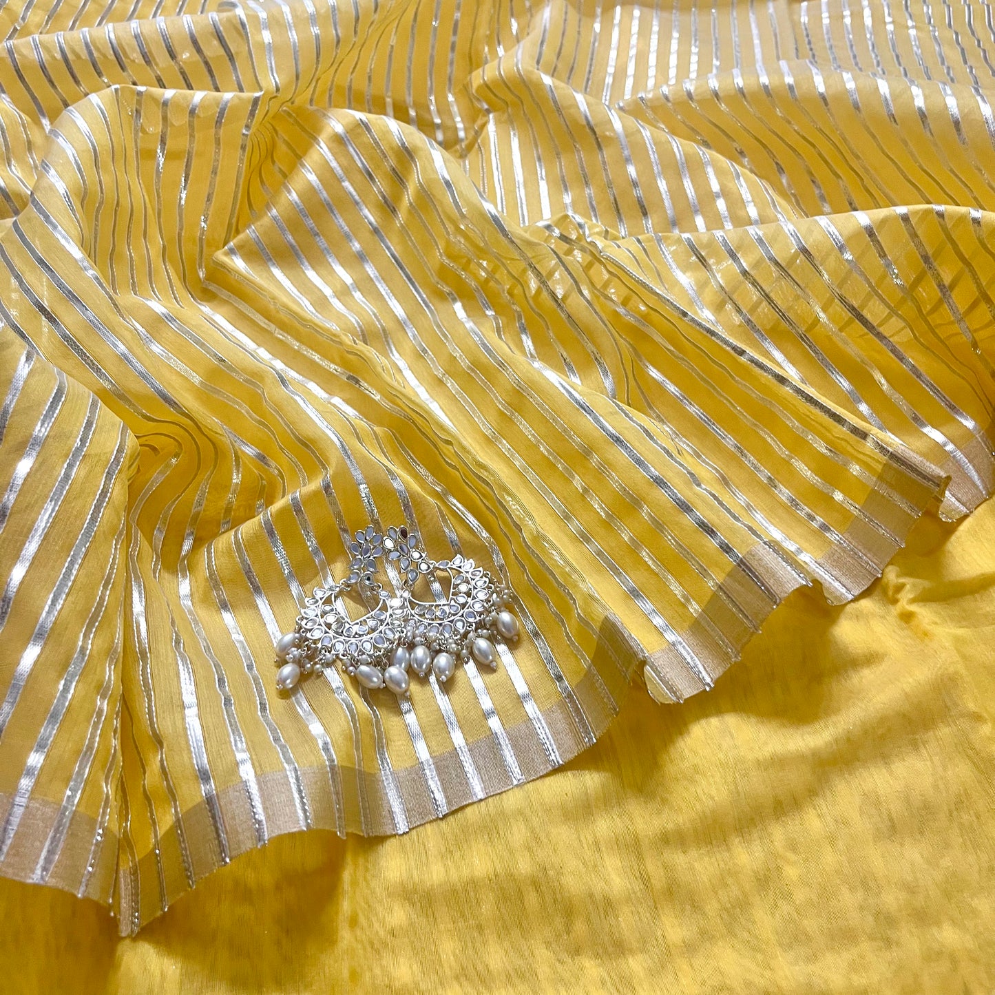 Yellow Chanderi saree with gota work all over