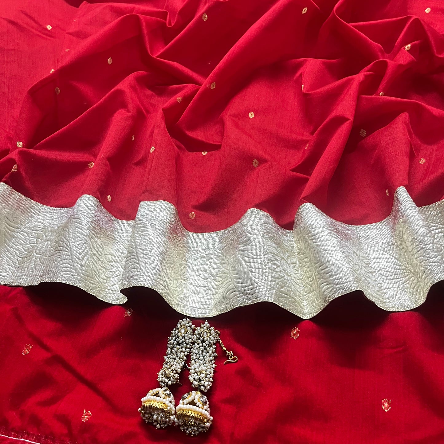 Deep Red chanderi saree with zari bootis all over
