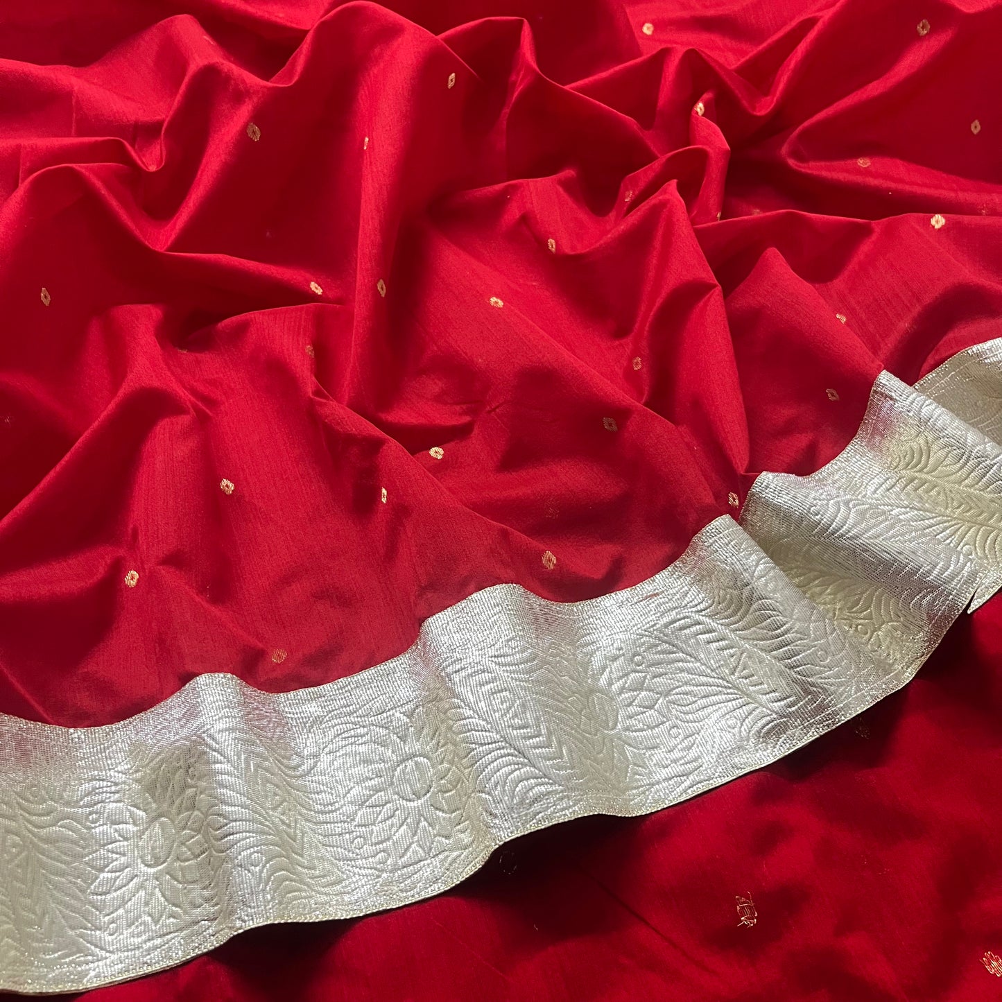 Deep Red chanderi saree with zari bootis all over