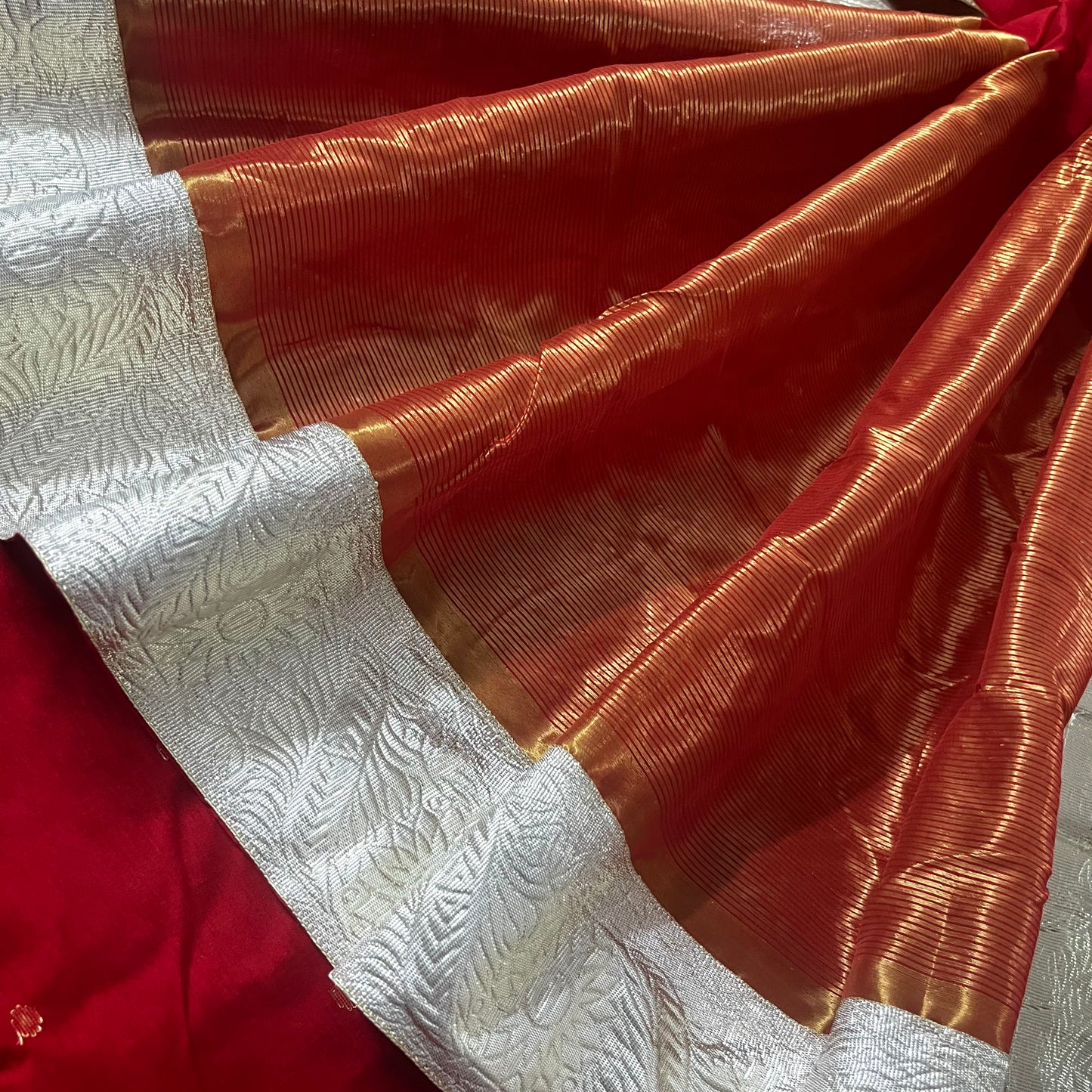 Deep Red chanderi saree with zari bootis all over