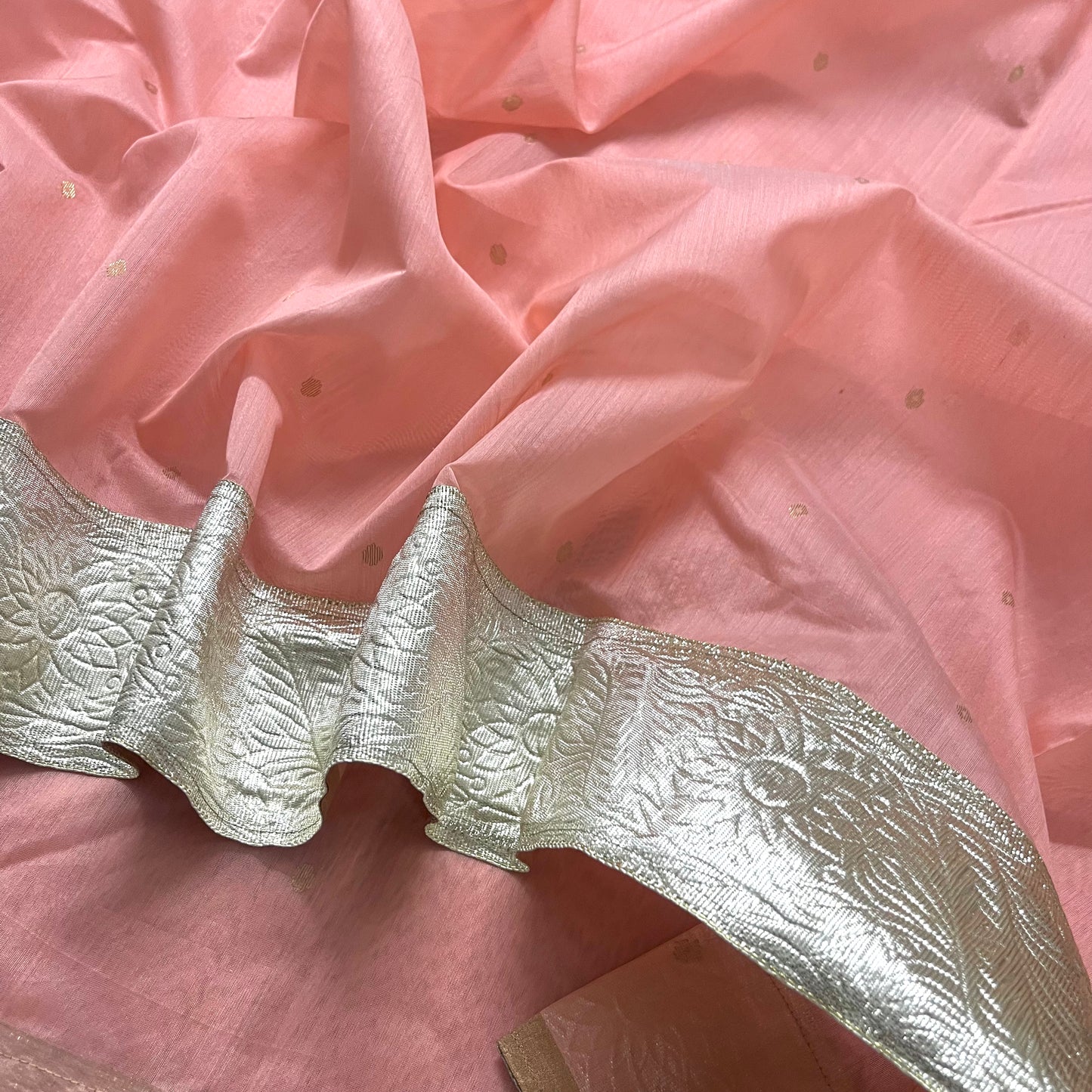 Peachish pink chanderi saree with zari bootis all over
