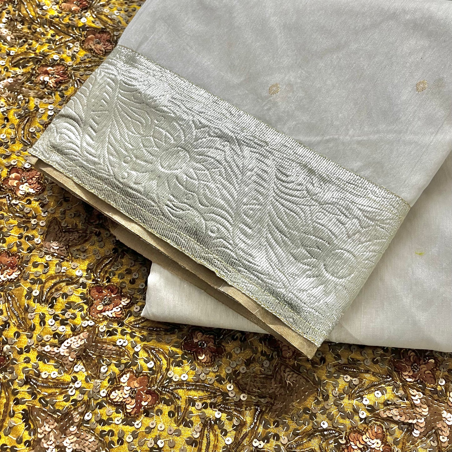 Off white Chanderi saree with zari bootis all over