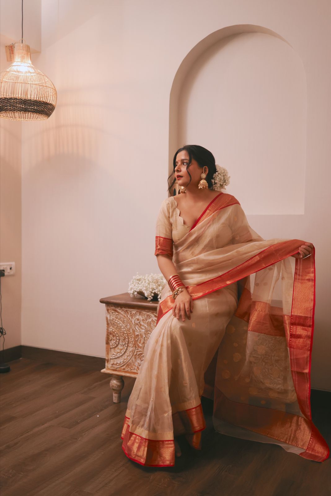 Gold Beige & Red Chanderi Silk Saree with Zari bootis all over