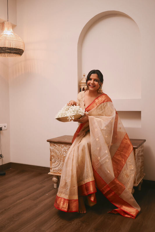 Gold Beige & Red Chanderi Silk Saree with Zari bootis all over