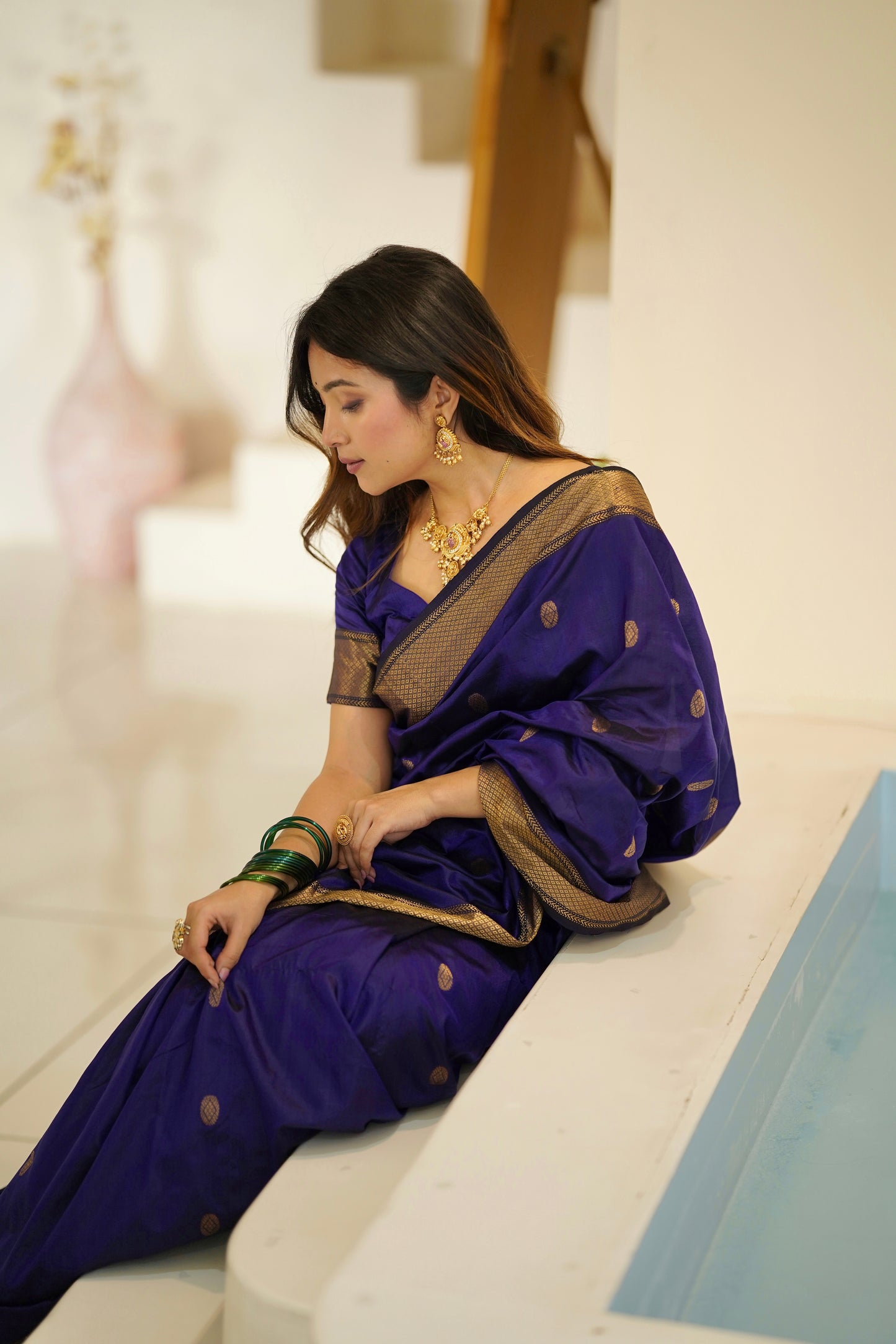 Dark blue maheshwari silk saree with zari bootis all over