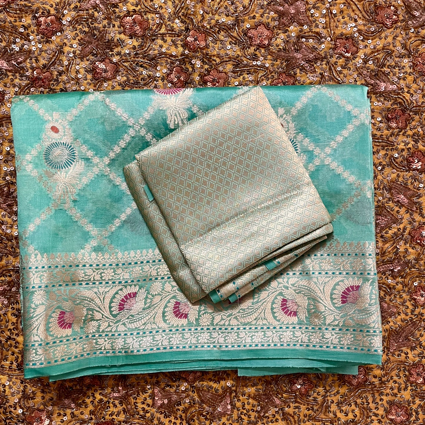 Sea green banarasi silk saree with zari jaal work all over