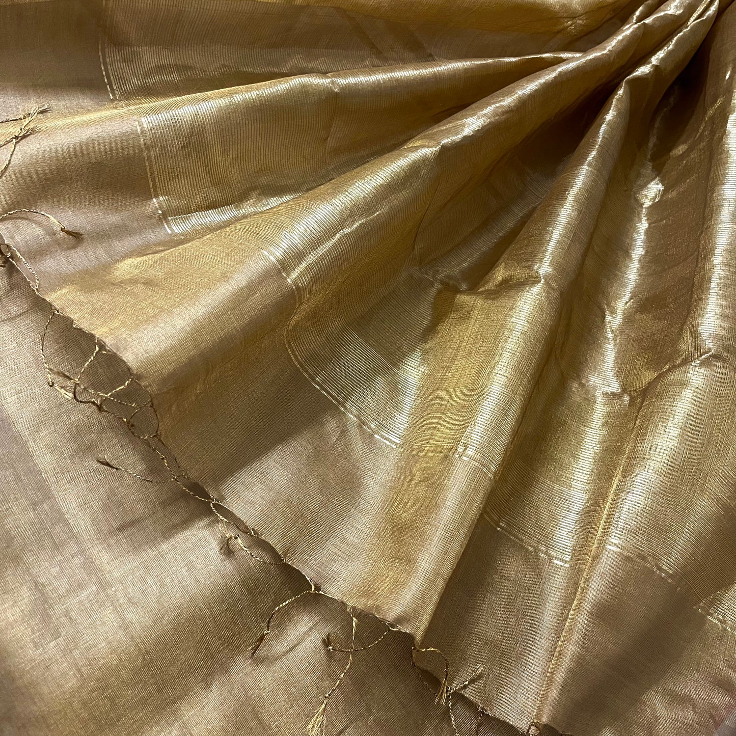 Antique gold & pink maheshwari tissue silk saree with zari lines on pallu