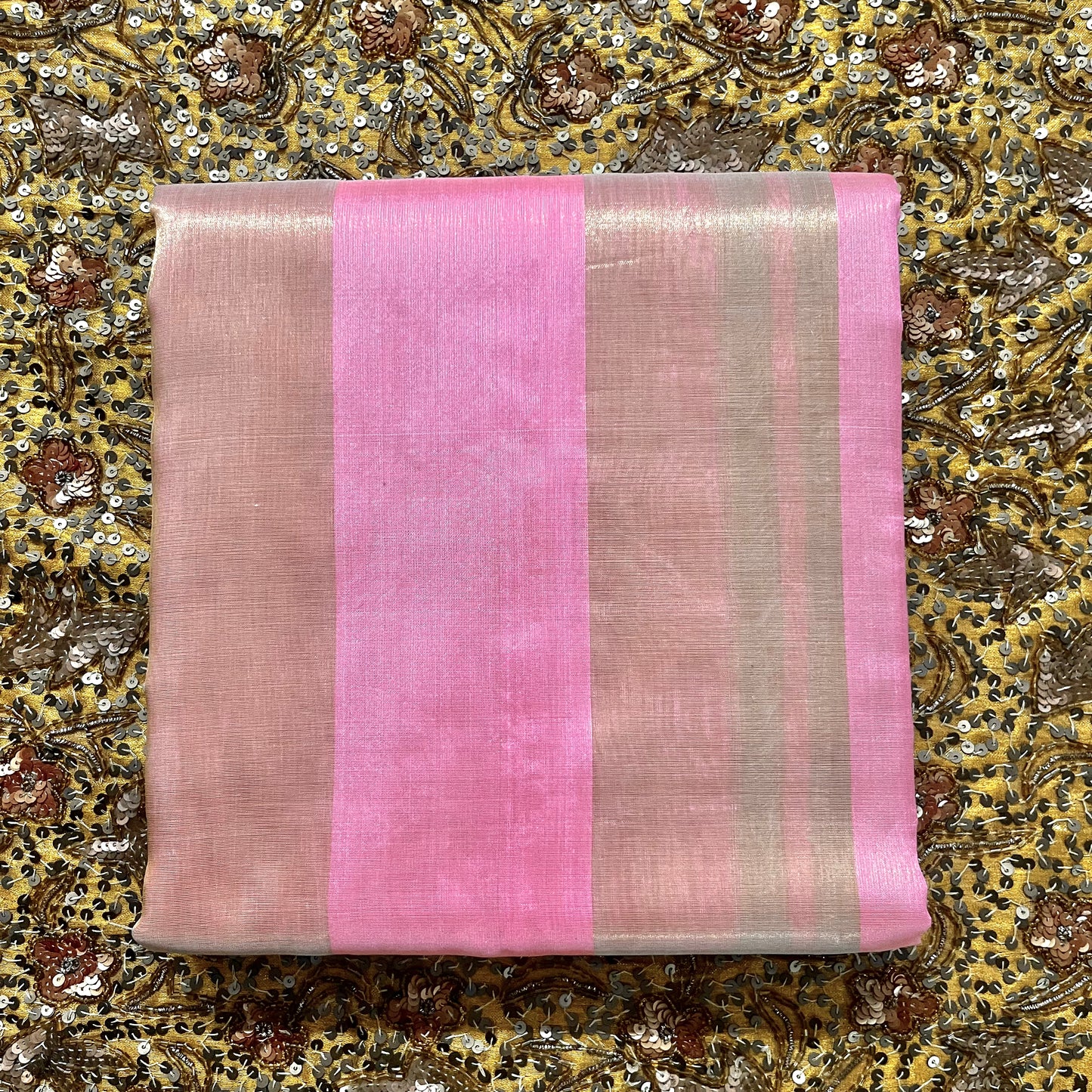 Pink and gold chanderi silk saree with zari stripes