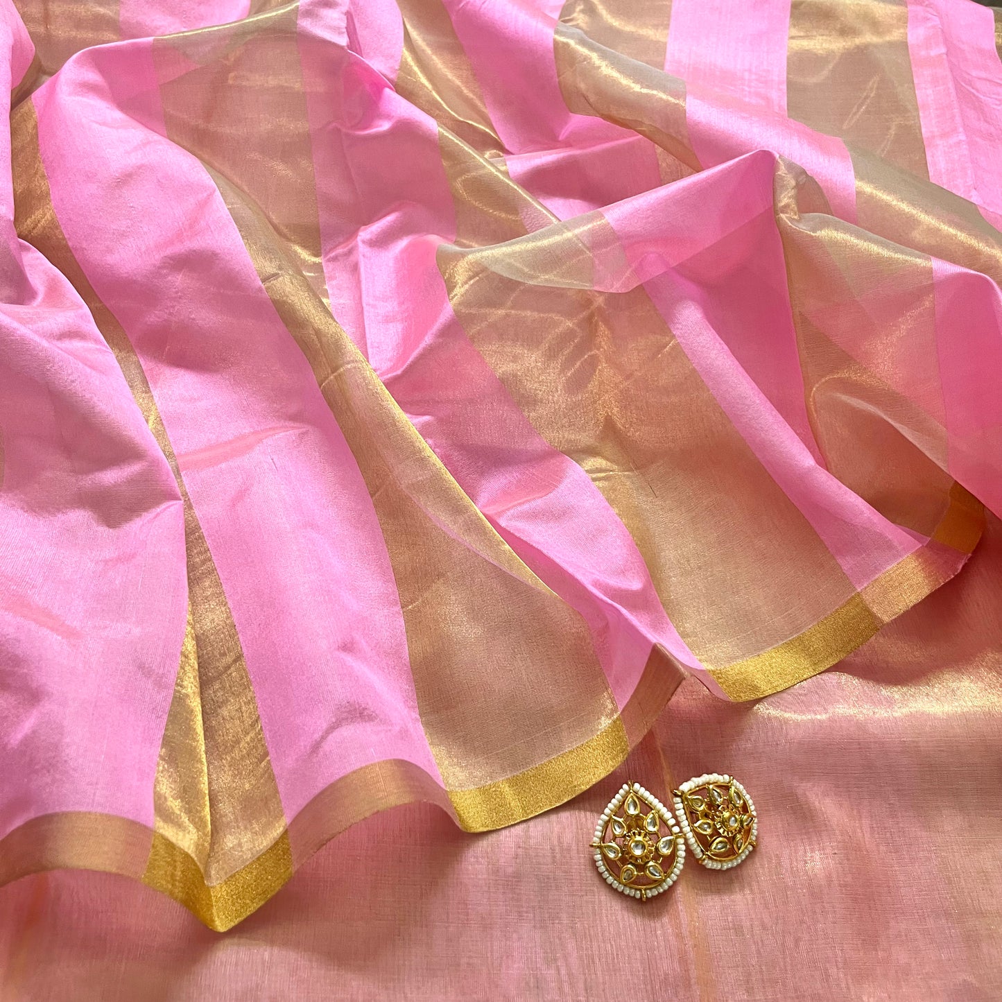 Pink and gold chanderi silk saree with zari stripes