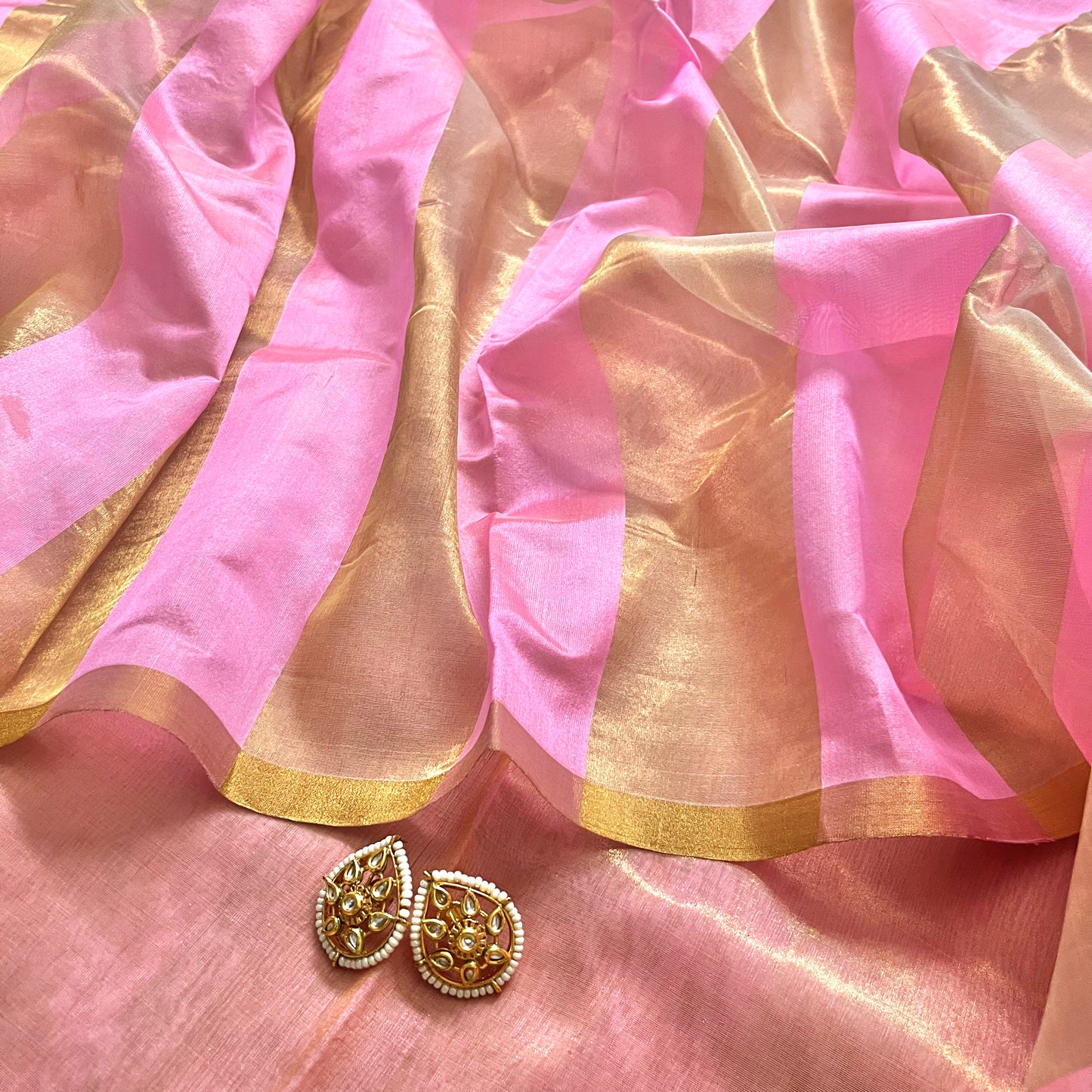 Pink and gold chanderi silk saree with zari stripes