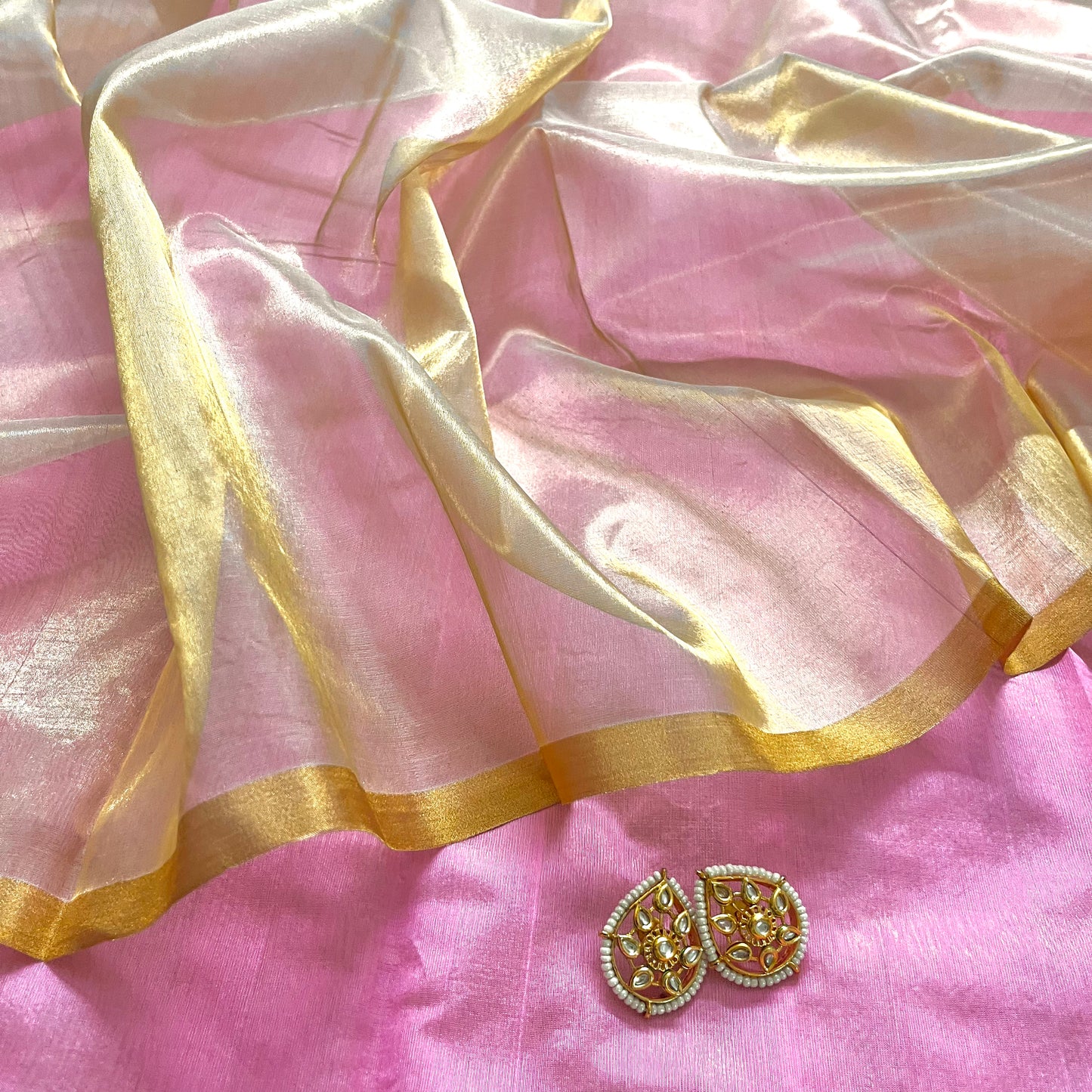 Pink and gold chanderi silk saree with zari stripes
