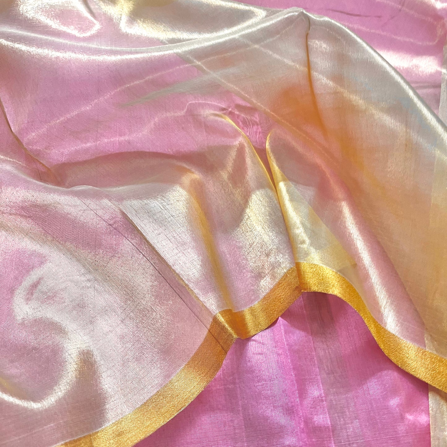 Pink and gold chanderi silk saree with zari stripes