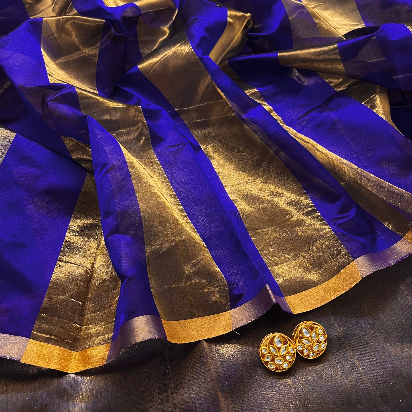 Dark purplish blue Chanderi silk saree with zari stripes