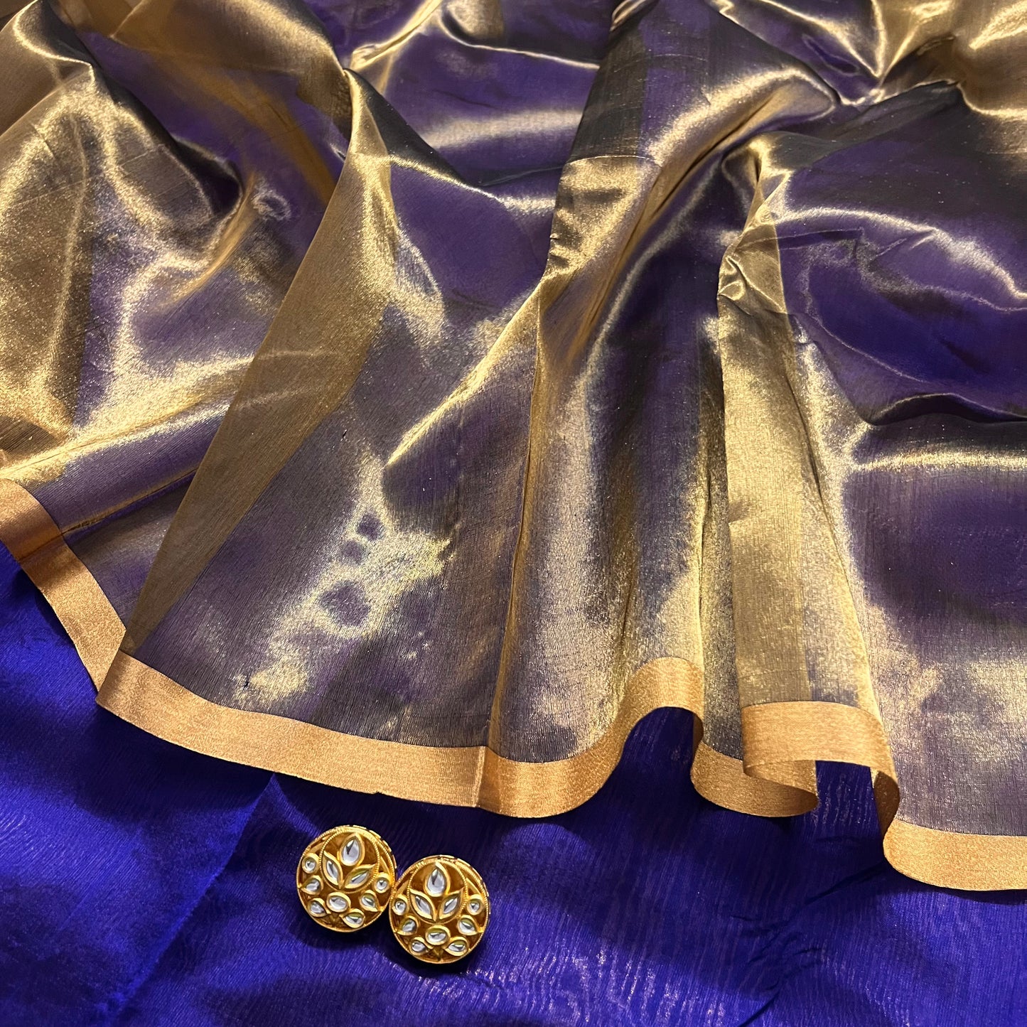 Dark purplish blue Chanderi silk saree with zari stripes