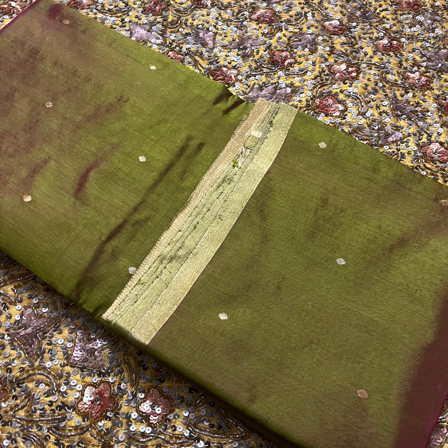 Olive green and maroon dual tone chanderi silk saree with zari bootis all over