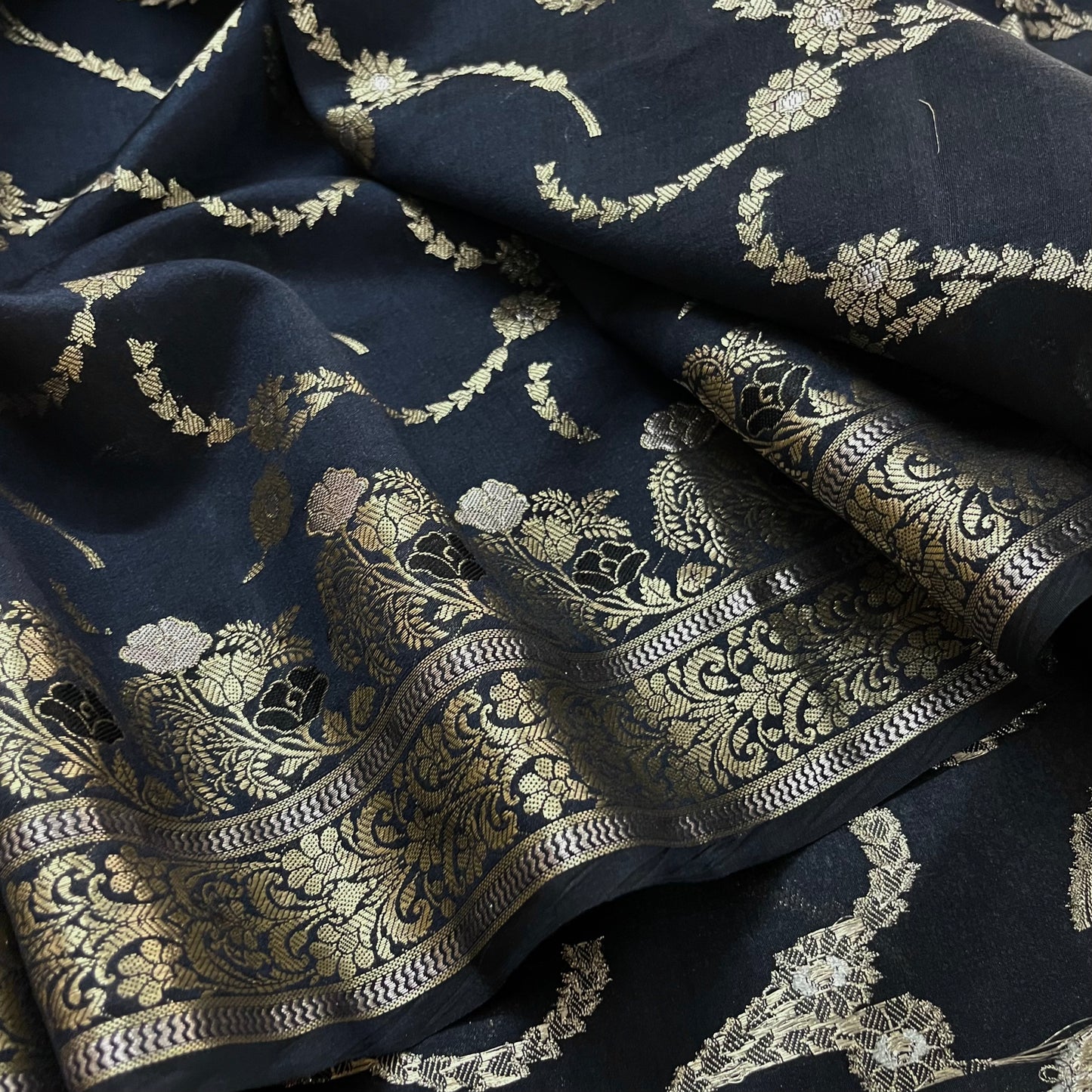 Black banarasi silk saree with zari jaal work all over