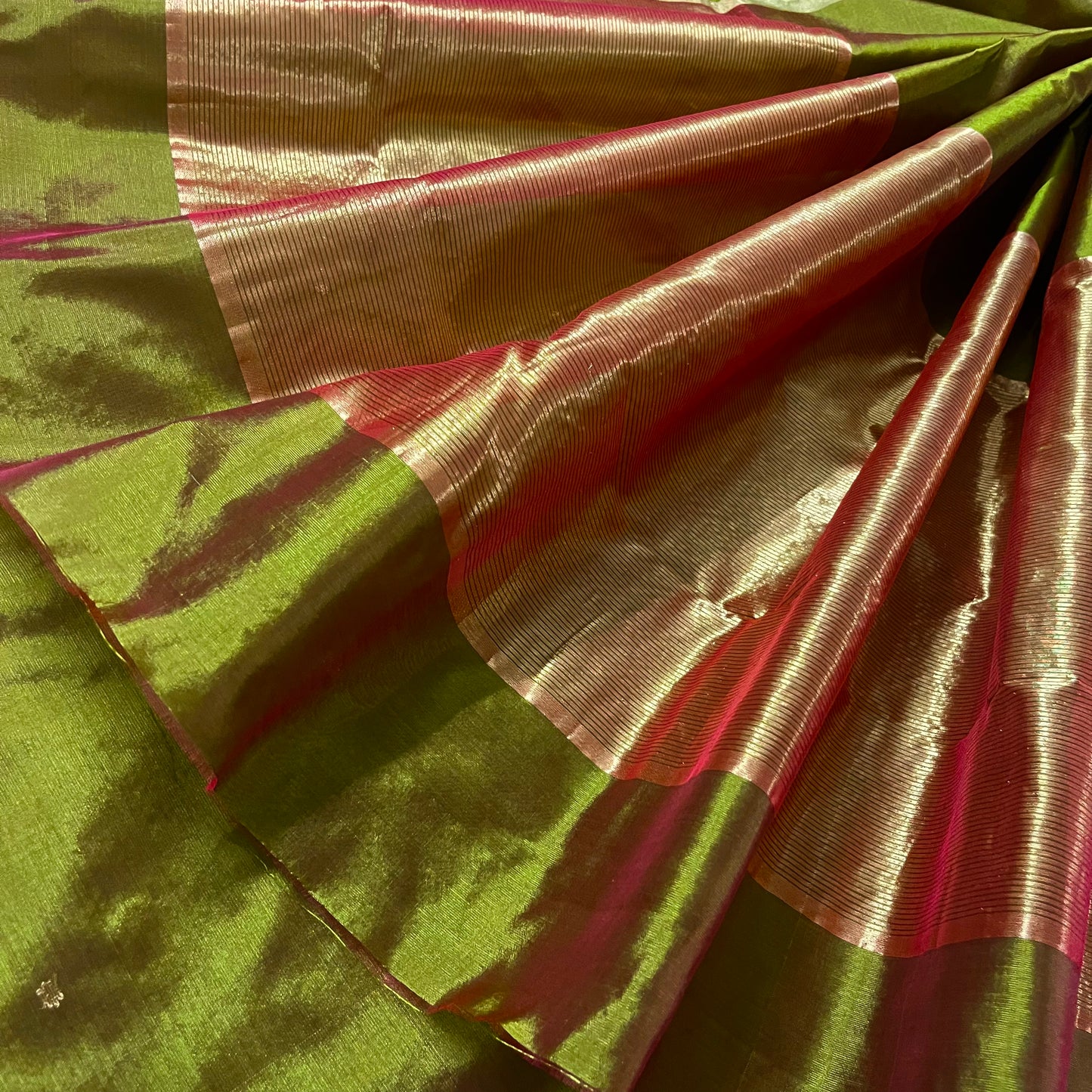 Olive green and maroon dual tone chanderi silk saree with zari bootis all over