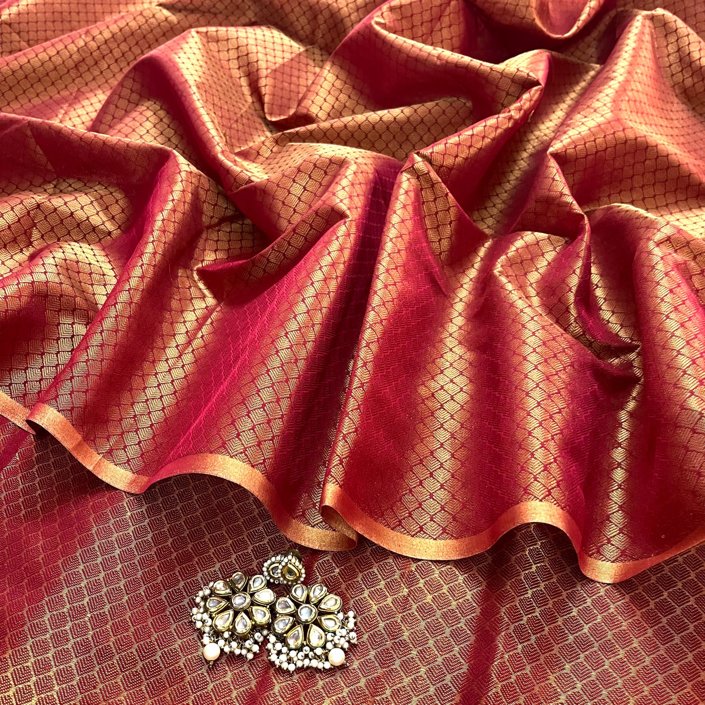 Deep maroon maheshwari saree with zari pattern all over